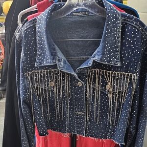Embellished Denim Jacket with Pearl Accents